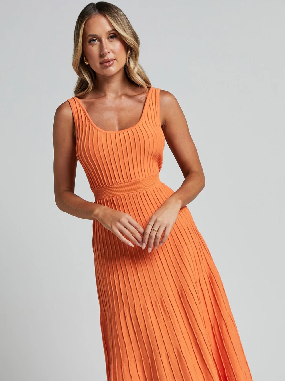 Sunset Orange Ribbed Knit Maxi Dress